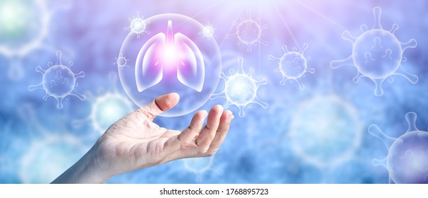 Hand Holding Lung Shape X-ray With Coronavirus Background. Panoramic Banner Of Health Care With Copy Space