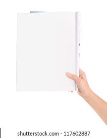 Hand Holding Magazine With Blank Page. Isolated On White.