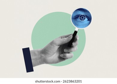 Hand holding magnifying glass with biometric eye scanner. Retinal scan technology. Digital data privacy and cybersecurity concept.