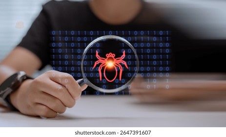 Hand holding magnifying glass detecting malware bug in binary code. Cybersecurity concept with digital virus scanning, software debugging, and data protection from cyber threats.