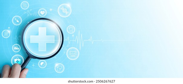 Hand holding magnifying glass focus plus and healthcare medical icon on blue background. health insurance concept and access to welfare. medical technology. - Powered by Shutterstock