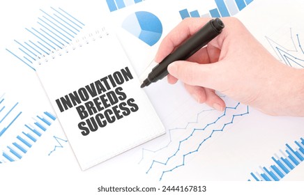 Hand holding marker over notepad with Innovation Breeds Success text, with graphs and diagrams on paper. - Powered by Shutterstock