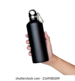 hand holding matte black reusable steel stainless eco thermo water bottle isolated on white background.