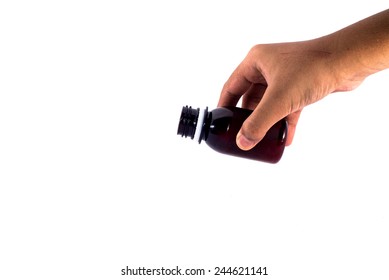 A Hand Holding A Medicine Bottle In Action To Pour The Syrup Into Something Isolated On White Background