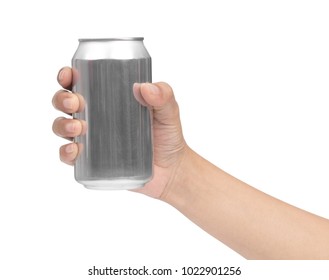 hand holding metal can isolated on white background