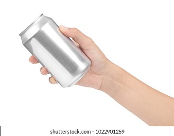 Hand Holding Metal Can Isolated On White Background