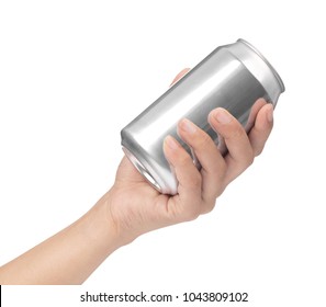 Hand Holding Metal Can Isolated On White Background