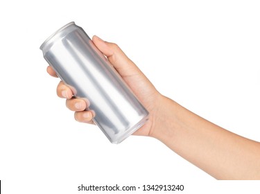 hand holding metal can isolated on white background