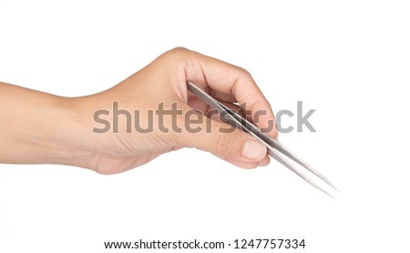 hand holding metal tweezers tong isolated on a white background
