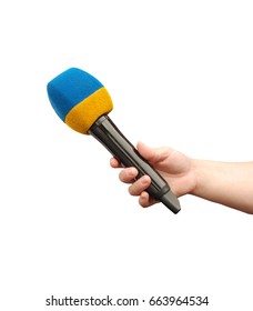 Hand Holding Microphone For Interview. Isolated On White.