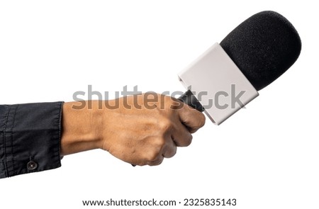 Hand Holding Microphone for Interview. Isolated on white, Hand Holding a microphone is ready for an interview.	