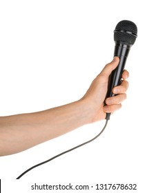 Hand Holding Microphone Isolated On White Clipping Path