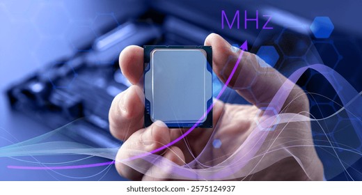 A hand holding a microprocessor, featuring a stylized MHz frequency indicator and visualized waves, symbolizing processing speed and performance. high-speed processors, IT system optimization