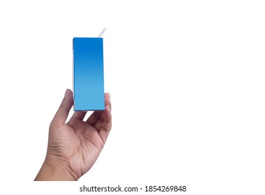 Hand Holding Milk Carton With Straw Isolated On White Background.