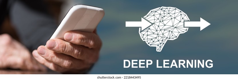 Hand Holding Mobil Phone With Deep Learning Concept On Background