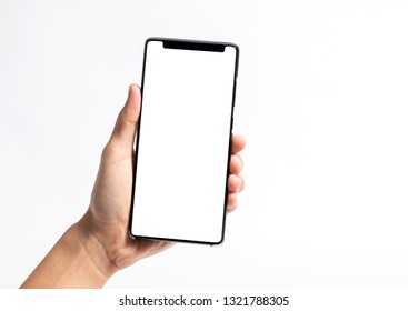 Hand holding mobile phone and blank screen for mockup template advertising and branding technology background.  - Shutterstock ID 1321788305