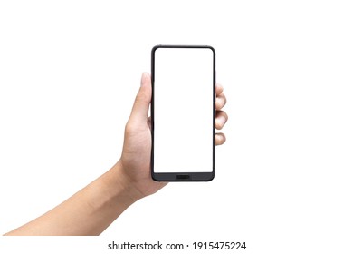 Hand holding mobile phone with blank screen on white background. Isolated. - Shutterstock ID 1915475224