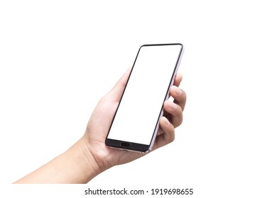 Hand holding mobile phone with blank screen on white background. Isolated. - Shutterstock ID 1919698655