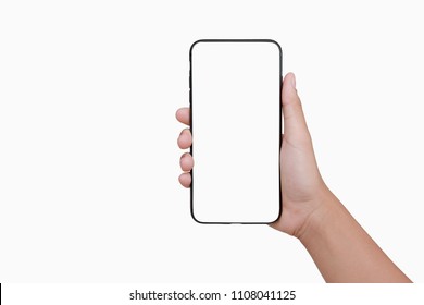 Hand Holding Mobile Phone Isolate On White Background