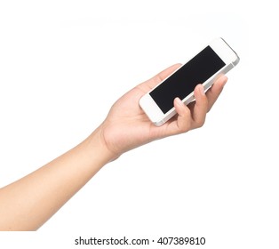 Hand Holding Mobile Phone Isolated On White Background.