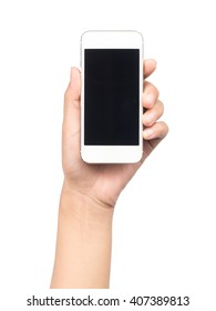 Hand Holding Mobile Phone Isolated On White Background.