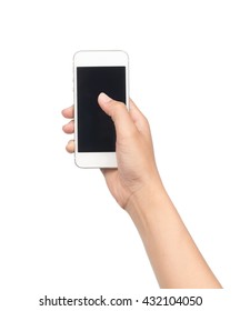 Hand Holding Mobile Phone Isolated On White Background.