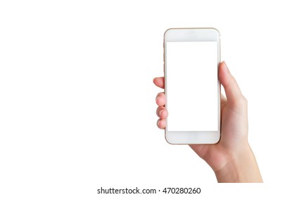 Hand Holding Mobile Phone With Isolated Background 