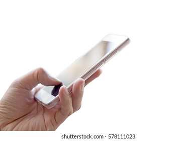 Hand Holding Mobile Phone Isolated On White Background, Side View.