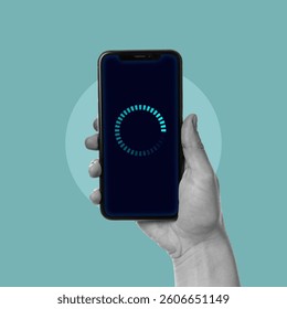 Hand, holding a mobile phone, loading symbol, crash, system delay, data, downloading, waiting, communication, error message, loading, error, mobile app, progress indicator, using phone - Powered by Shutterstock - Get 15% off with code: PIKWIZARD15