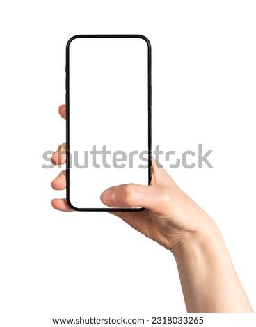 Hand holding mobile phone, thumb clicking on blank screen mock-up, tapping ok on display, isolated on white background.