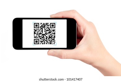 Hand Holding Mobile Smart Phone With QR Code Scanner On The Screen. Isolated On White.