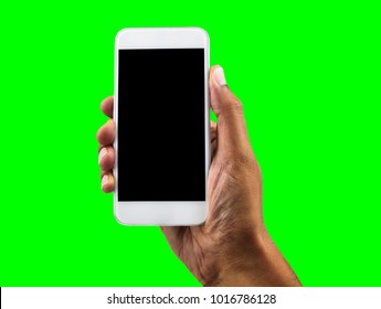 Hand Holding Mobile Smart Phone With Blank Screen, Isolated Cutout On Green Background With Chroma Key