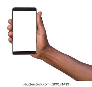 Hand Holding Mobile Smart Phone With Blank Screen. Isolated On White. 