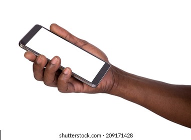 Hand Holding Mobile Smart Phone With Blank Screen. Isolated On White. 