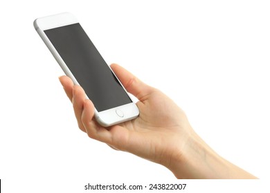 Hand Holding Mobile Smart Phone, Isolated On White