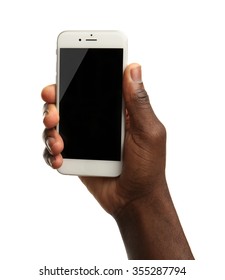 Hand Holding Mobile Smart Phone With Blank Screen, Isolated On White