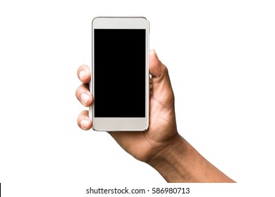 Hand Holding Mobile Smart Phone With Blank Screen. Isolated On White