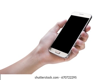 Hand Holding Mobile Smart Phone  Isolated On White Background,clipping Path