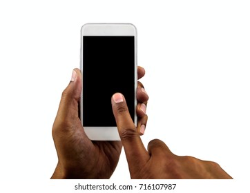 Hand Holding Mobile Smart Phone With Blank Screen, Isolated On White