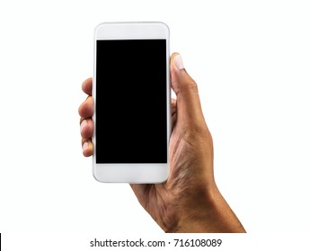 Hand Holding Mobile Smart Phone With Blank Screen, Isolated On White