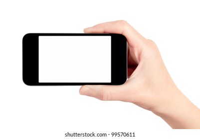 Hand Holding Mobile Smart Phone With Blank Screen. Isolated On White.