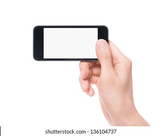 Hand holding mobile smartphone with blank screen. Mobile photography concept. Isolated on white. - Powered by Shutterstock