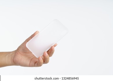 Hand Holding Modern Silicone Or Rubber Phone Case On White Background