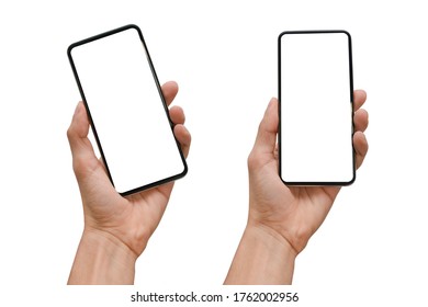 Hand holding a modern smartphone, isolated with blank screen - Shutterstock ID 1762002956
