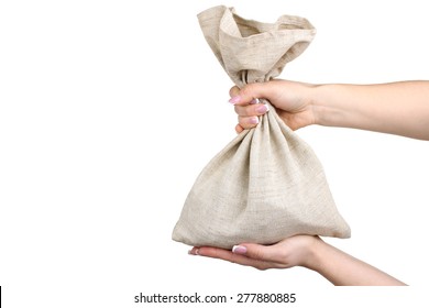 A Hand Holding A Money Bag Isolated On White Background