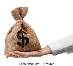 Hand Holding Money Bag, Isolated On White