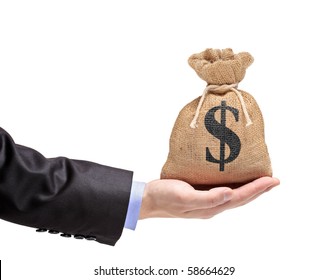 A hand holding a money bag isolated on white background - Powered by Shutterstock