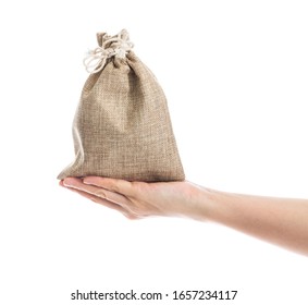 Hand Holding A Money Bag On White Background.