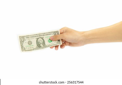 Hand Holding Money Isolated On White Background.