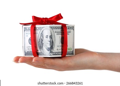 Hand Holding Money Present Box Isolated On White